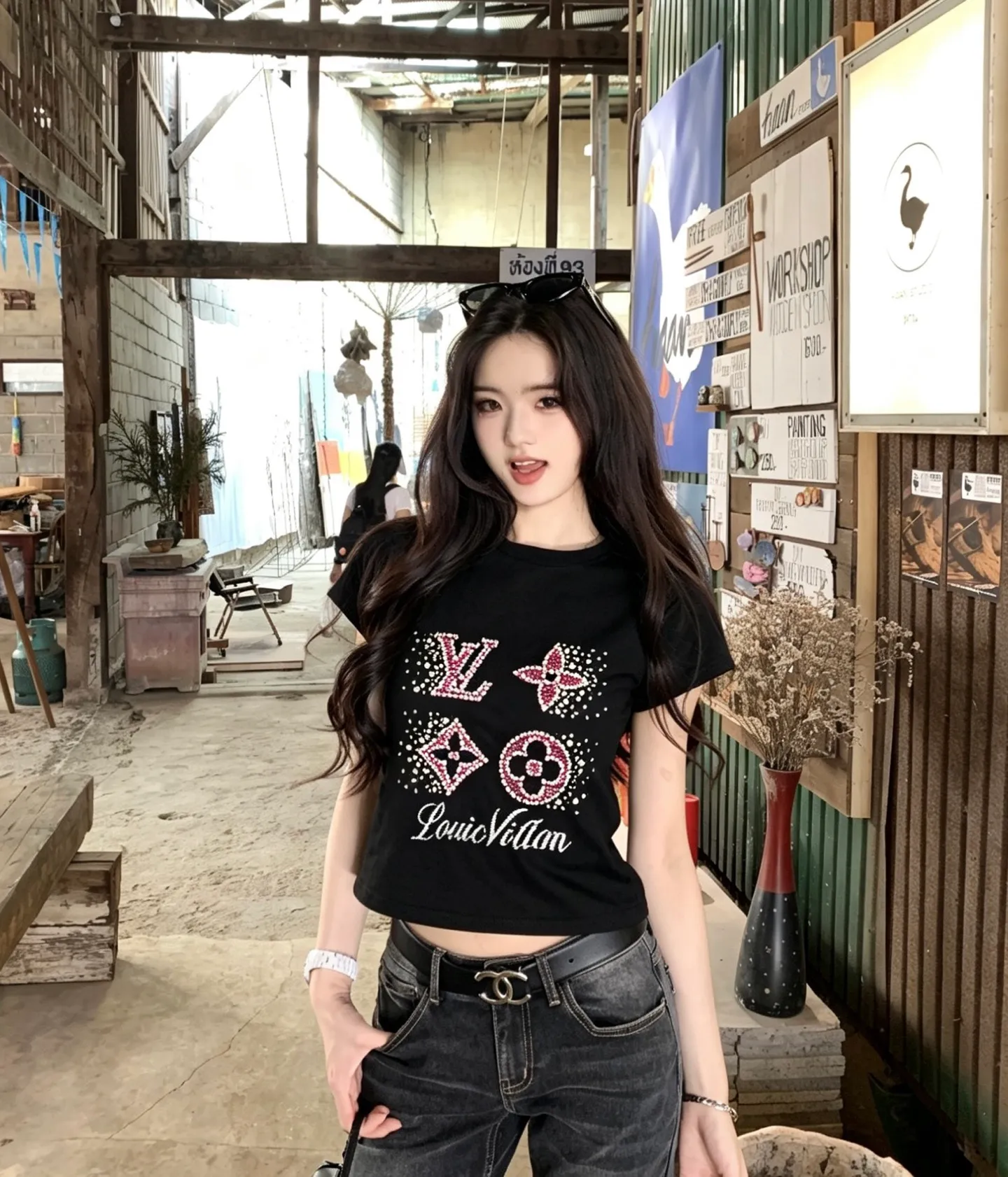 Louis Vuitton/Louis Vuitton line bead embroidery round neck short sleeves